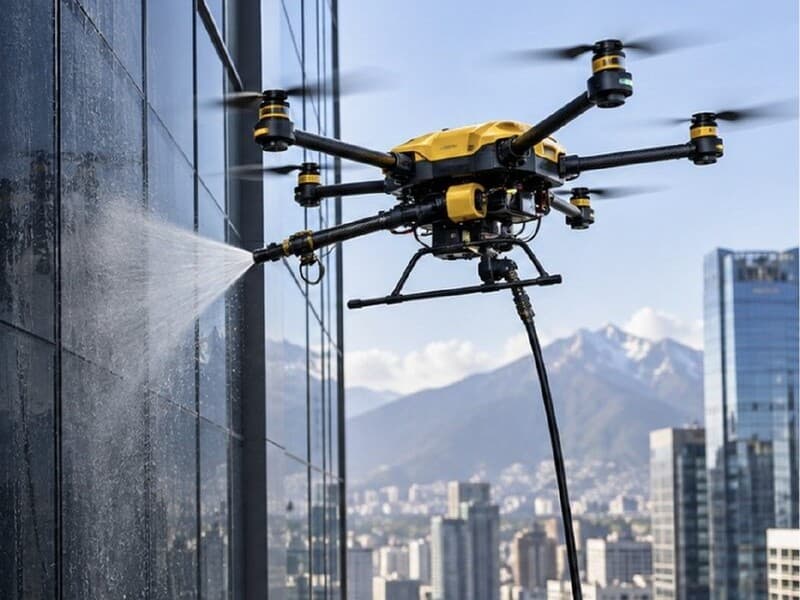 Dron limpiando con agua a presión la fachada de vidrio de un edificio